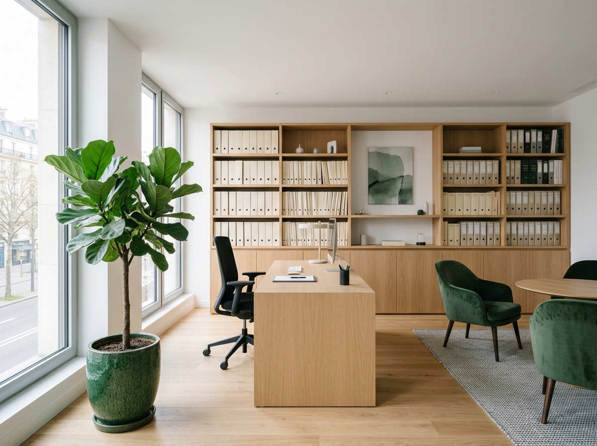 Bureau du cabinet Messaadi à Tunis, lumière naturelle et dossiers rangés